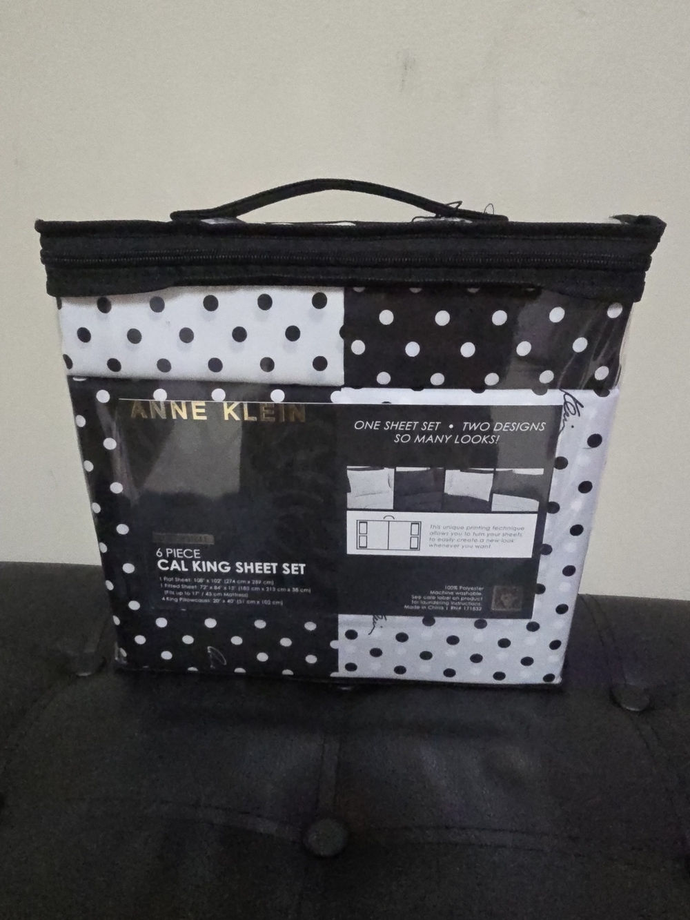 Anne Klein Cal King 6-Piece Sheet Set - Black & White Polka Dot